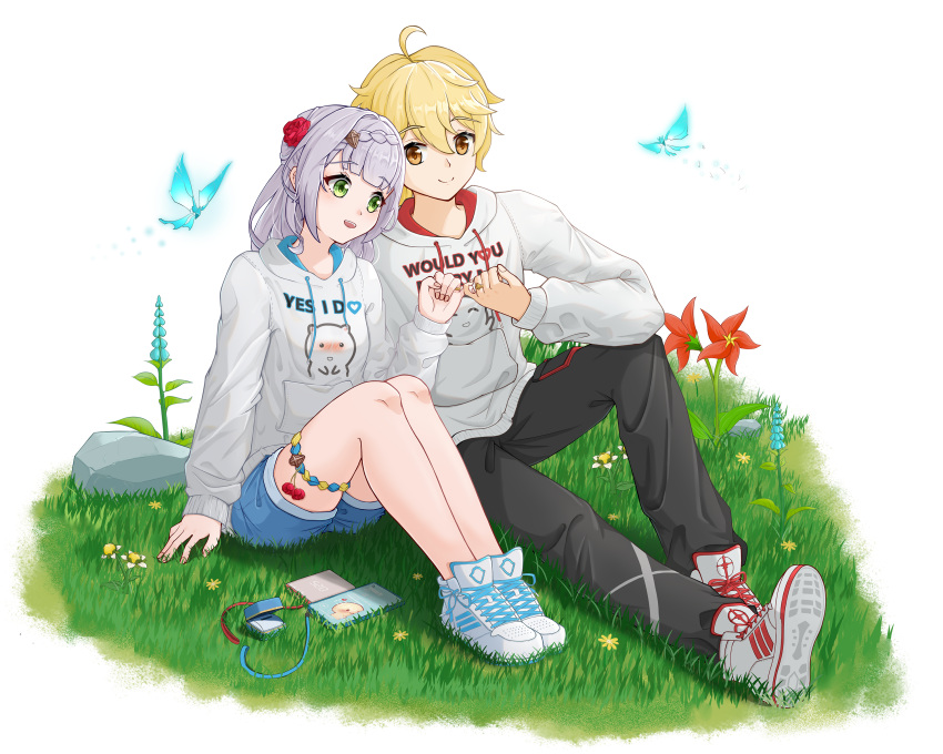 1boy 1girl :d absurdres aether_(genshin_impact) ahoge alternate_costume bangs black_pants blonde_hair blue_shorts blunt_bangs braid bug butterfly casual cellphone chinese_commentary commentary_request contemporary eyebrows_visible_through_hair flower genshin_impact grass green_eyes hair_between_eyes hair_flower hair_ornament head_on_another's_shoulder highres hood hooded_sweater insect jewelry long_hair long_sleeves looking_at_another noelle_(genshin_impact) open_mouth pants phone pinky_swear pocket qi_mayi_qu_kan_dahai red_rope ring ring_box rock rope shoes short_hair shorts sidelocks silver_hair single_braid sitting smartphone smile sneakers sweater white_sweater yellow_eyes