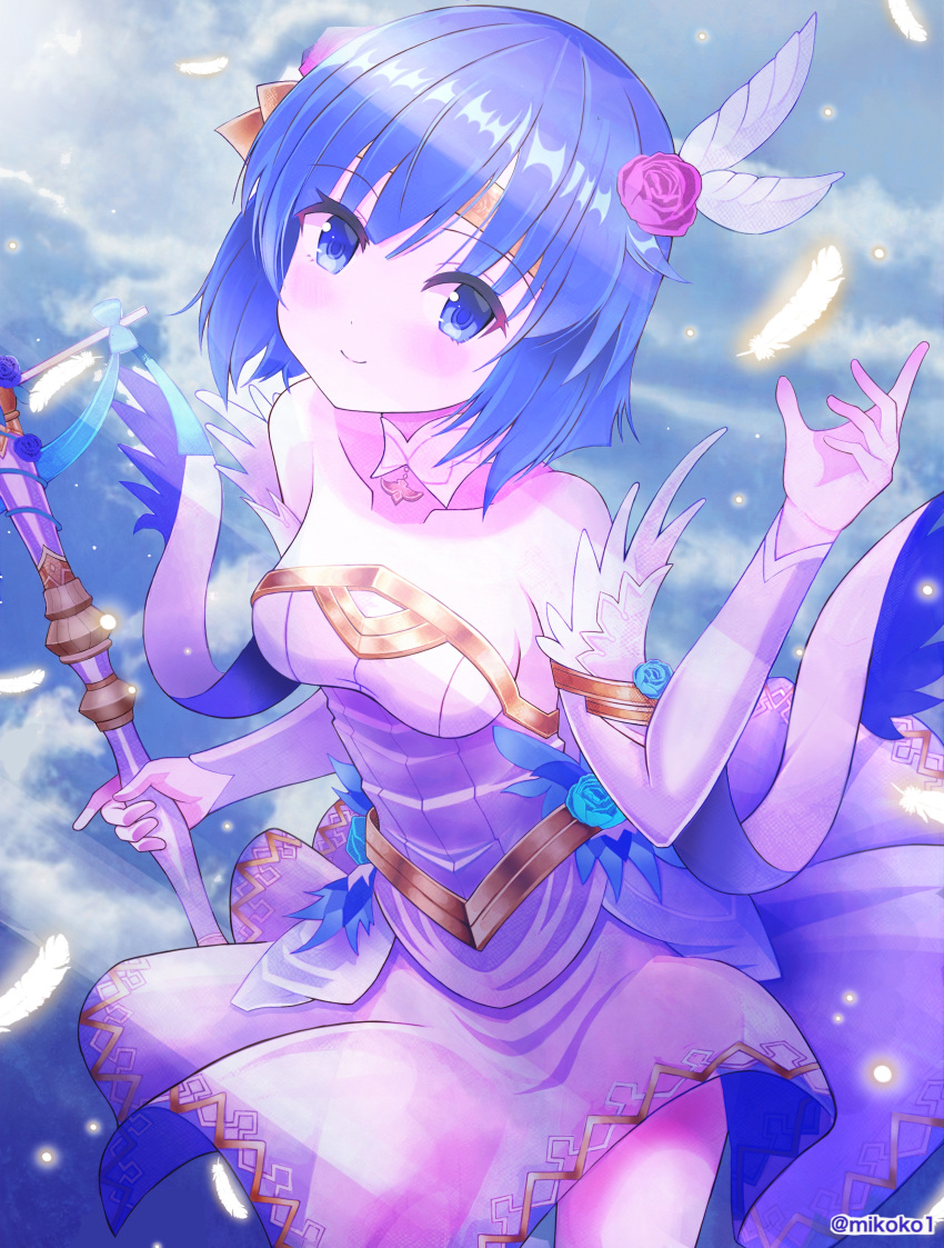absurdres blue_eyes blue_flower blue_hair blue_rose breasts catria_(fire_emblem) dress eyebrows_visible_through_hair falling_feathers fire_emblem fire_emblem_heroes flower gold_headband gold_trim hair_flower hair_ornament headband highres looking_at_viewer medium_breasts mikoko1 pink_flower pink_rose rose short_hair smile strapless strapless_dress wedding_dress