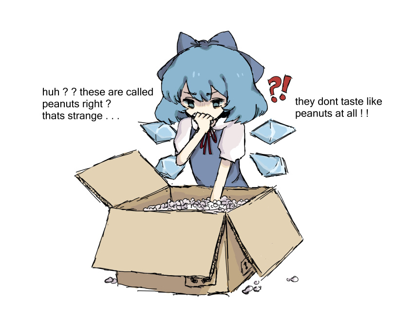 !? 04119_snail 1girl absurdres bangs blouse blue_blouse blue_bow blue_eyes blue_hair bow box cardboard_box cirno commentary eating english_commentary english_text eyebrows_visible_through_hair hair_bow highres ice ice_wings packing_peanuts short_hair short_sleeves simple_background sitting solo touhou white_background white_blouse wings