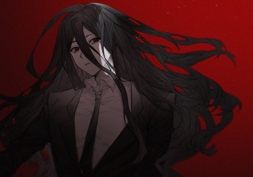 1boy bangs black_hair black_jacket closed_mouth collared_shirt commentary_request dangan_ronpa_(series) dangan_ronpa_2:_goodbye_despair formal gradient gradient_background hair_between_eyes highres jacket kamukura_izuru long_hair long_sleeves looking_at_viewer male_focus messy_hair necktie pale_skin red_background red_eyes shirt solo upper_body white_shirt yoru_(yorusumire)