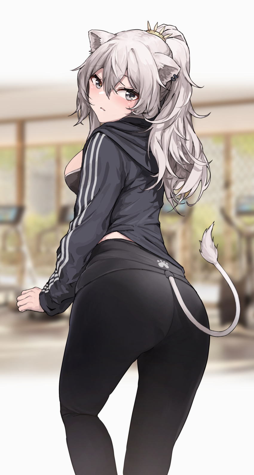 1girl absurdres adidas alternate_costume animal_ears ass bangs black_hoodie black_legwear blurry blurry_background blush breasts from_behind grey_eyes grey_hair gym highres hololive hood hoodie leggings lion_ears lion_girl lion_tail medium_breasts namake_(nmk44300) paw_print ponytail shishiro_botan solo tail treadmill virtual_youtuber