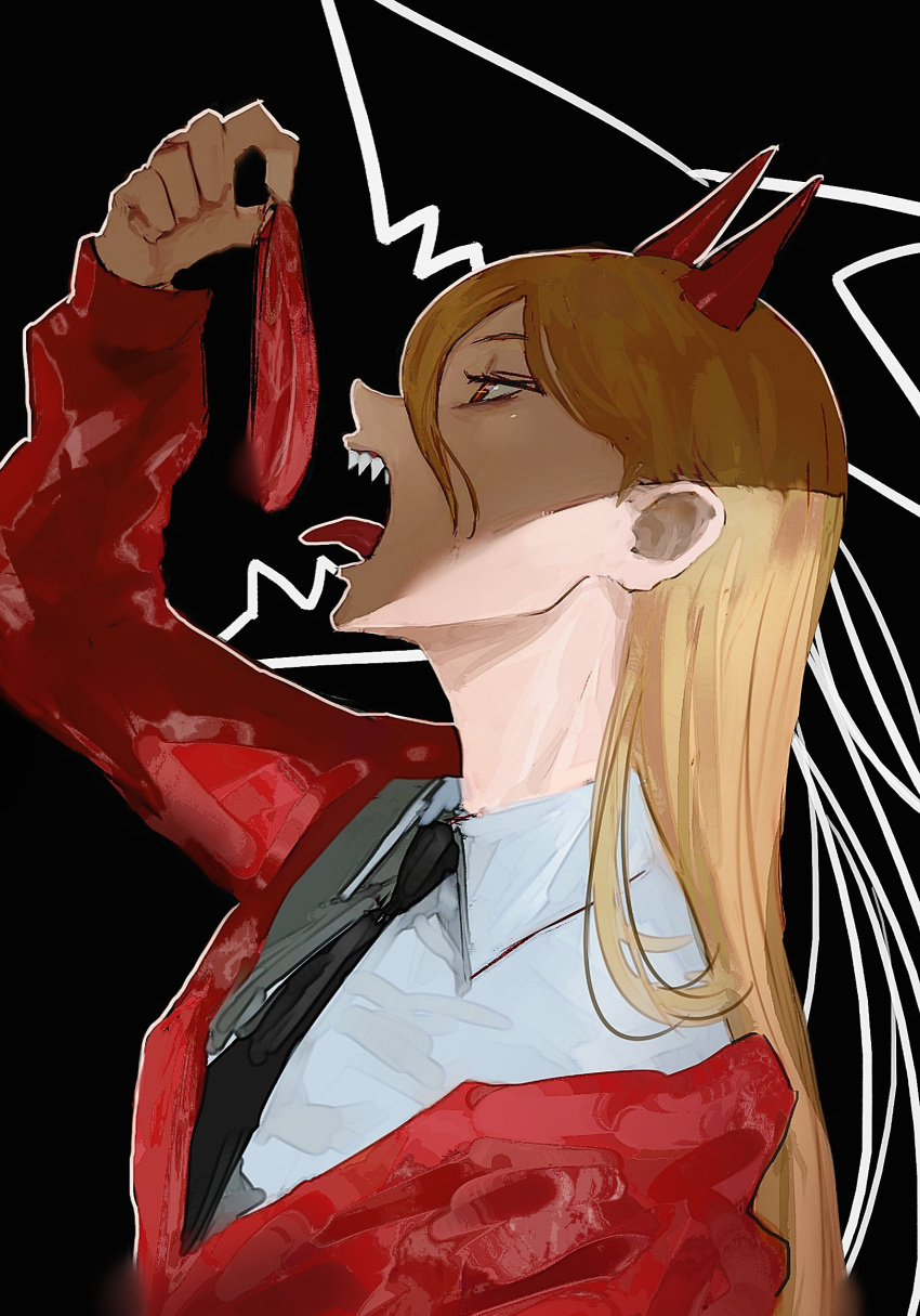 +_+ 1girl arm_up black_neckwear blonde_hair chainsaw_man collared_shirt demon_girl demon_horns dress_shirt food hair_between_eyes highres holding holding_food horns jacket long_hair meat necktie open_mouth power_(chainsaw_man) raw_meat red_eyes red_jacket sharp_teeth shirt solo teeth tongue tongue_out upper_body white_shirt zemzk