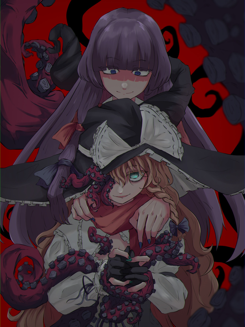 2girls absurdres bangs black_gloves black_headwear blonde_hair blouse blue_bow blue_eyes bow braid closed_mouth commentary_request cookie_(touhou) eyebrows_visible_through_hair gloves green_eyes hair_between_eyes hair_bow hands_on_another's_shoulders hat hat_bow highres kirisame_marisa long_hair looking_at_viewer mars_(cookie) multiple_girls odoro_(nicoseiga81184094) open_mouth partially_fingerless_gloves patchouli_knowledge purple_hair red_background side_braid simple_background single_braid smile taisa_(cookie) tentacles touhou upper_body very_long_hair white_blouse white_bow witch_hat