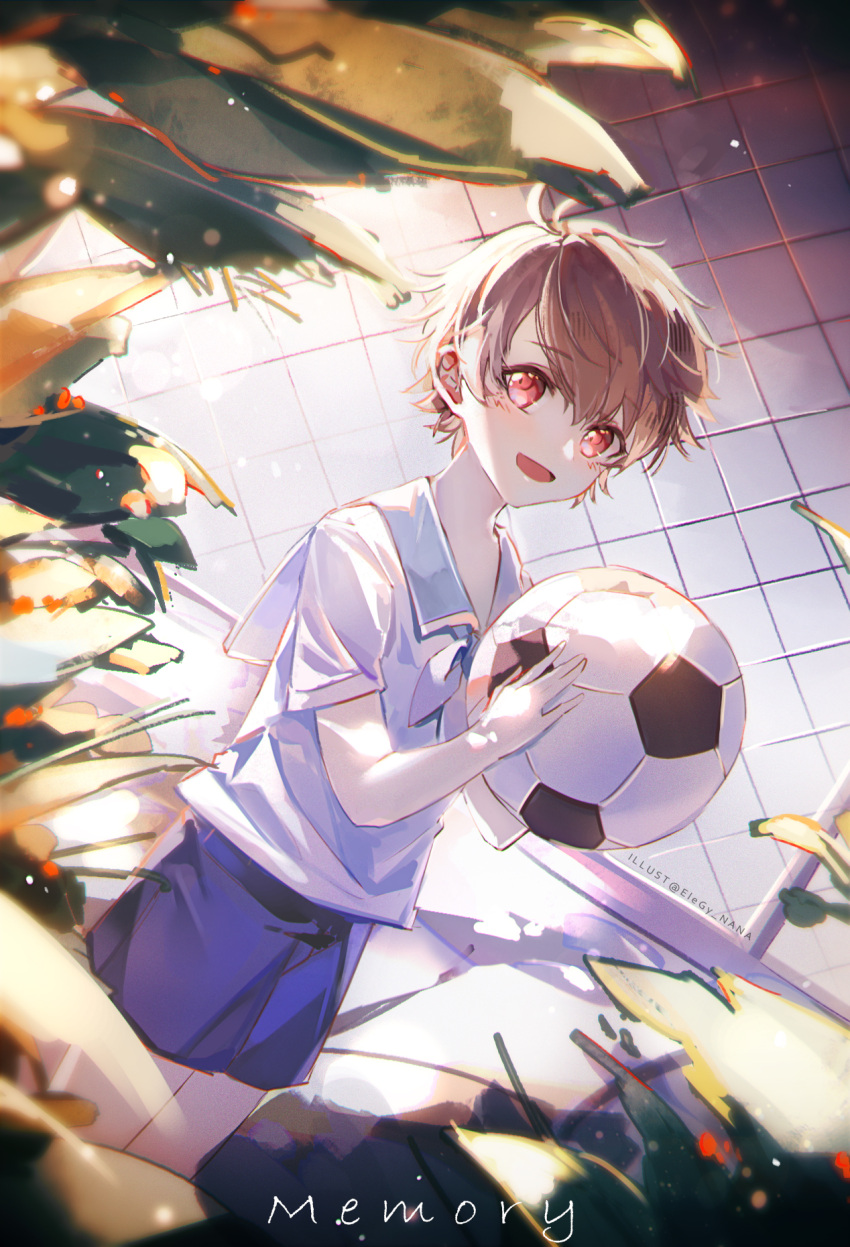 1boy :d ball bangs blue_shorts brown_eyes brown_hair fence highres holding holding_ball looking_at_viewer luke_pearce_(tears_of_themis) nana895 open_mouth sailor_collar shirt short_hair short_sleeves shorts smile soccer_ball solo tears_of_themis white_shirt younger