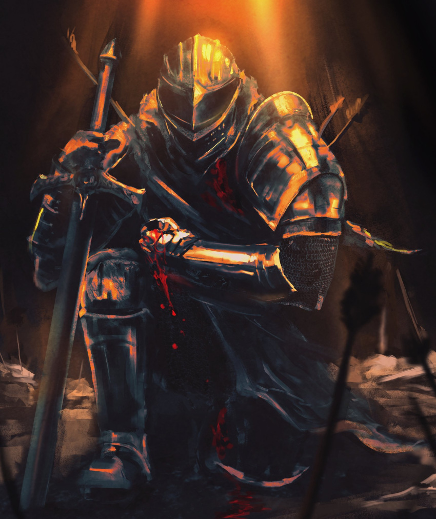1girl ambiguous_gender anri_of_astora armor arrow_(projectile) arrow_in_body bleeding blood dark_souls_iii facing_viewer full_armor gauntlets helmet highres holding holding_sword holding_weapon metal_boots one_knee pauldrons planted planted_sword shimhaq shoulder_armor solo souls_(series) sword weapon