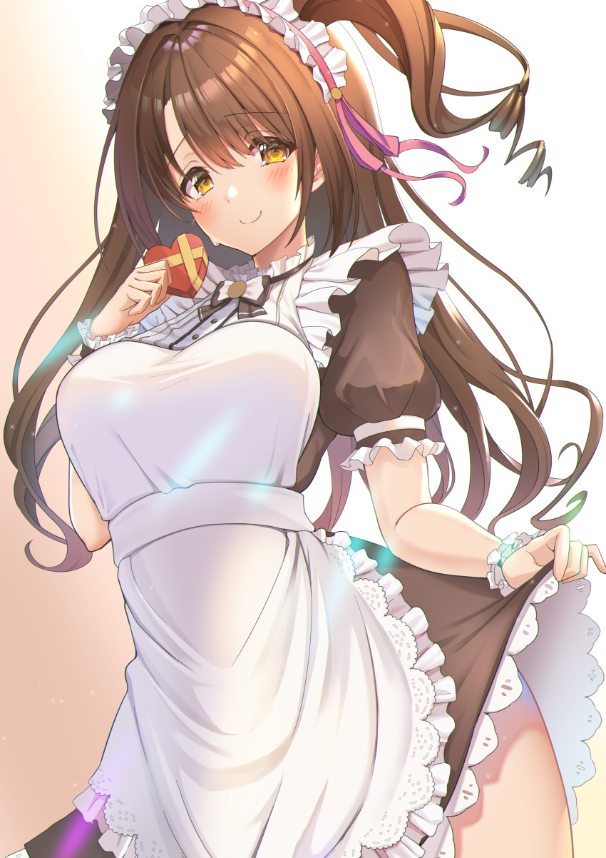 1girl absurdres alternate_costume apron blush box breasts brown_eyes brown_hair closed_mouth enmaided frilled_apron frills gift gift_box heart-shaped_box highres holding holding_gift idolmaster idolmaster_cinderella_girls idolmaster_cinderella_girls_starlight_stage large_breasts long_hair maid maid_apron maid_headdress one_side_up pink_ribbon ribbon skirt_hold smile solo white_apron