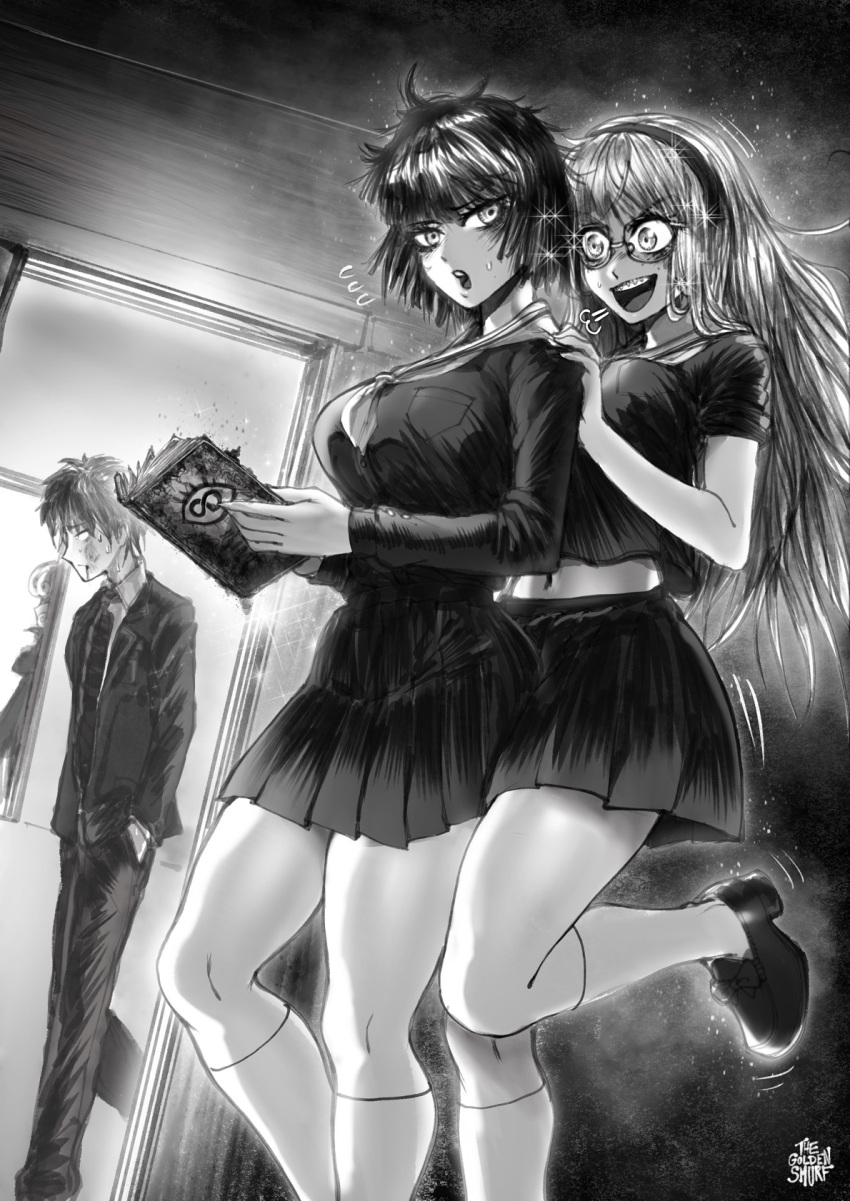1boy 2girls =3 artist_name blood blood_from_mouth book braces breasts doorway flying_sweatdrops fubuki_(one-punch_man) glasses greyscale hairband hands_in_pockets highres kneehighs large_breasts long_hair midriff monochrome multiple_girls navel necktie one-punch_man psychos saitama_(one-punch_man) school_uniform serafuku signature smile sparkle standing standing_on_one_leg teenage the_golden_smurf younger