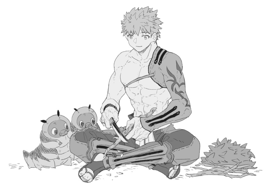 1boy abs branch carving caterpillar commentary_request emiya_shirou fate/grand_order fate_(series) full_body greyscale holding holding_knife holding_weapon igote indian_style knife leaf limited/zero_over mat8k monochrome muscular muscular_male sengo_muramasa_(fate) simple_background sitting smile spiky_hair weapon white_background