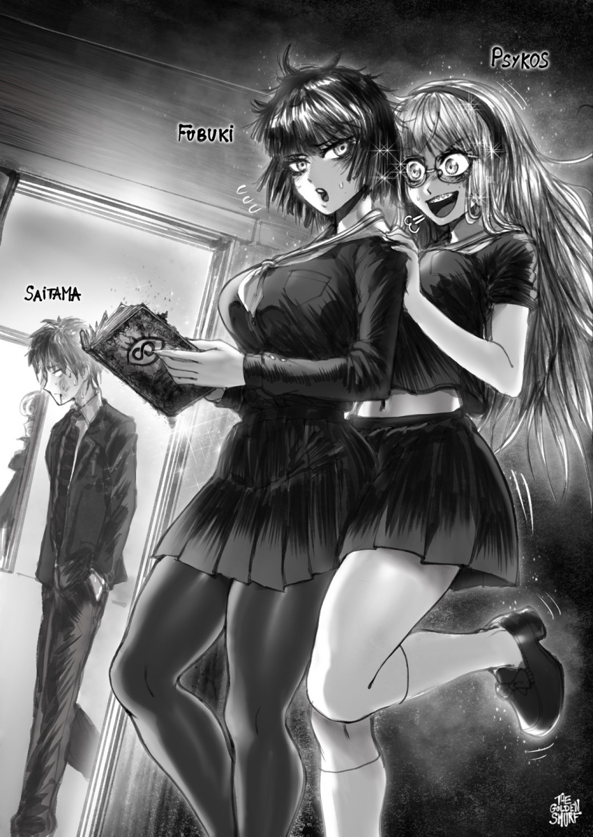 1boy 2girls =3 artist_name blood blood_from_mouth book braces breasts character_name doorway flying_sweatdrops fubuki_(one-punch_man) glasses greyscale hairband hands_in_pockets highres kneehighs large_breasts long_hair midriff monochrome multiple_girls navel necktie one-punch_man pantyhose psychos saitama_(one-punch_man) school_uniform serafuku signature sparkle standing standing_on_one_leg teenage the_golden_smurf younger