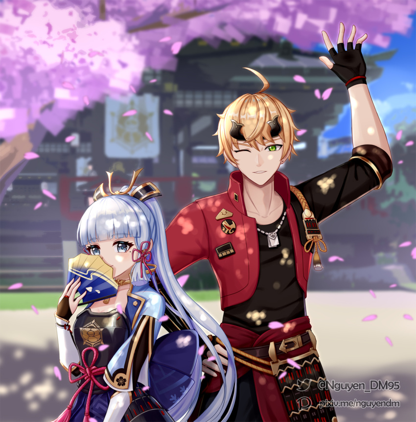 1boy 1girl 3d_background ;) arm_up armor armored_dress bangs black_gloves blunt_bangs blurry bow cherry_blossoms choker collarbone commentary_request covering_mouth depth_of_field dm_(nguyen_dm95) dog_tags eyebrows_visible_through_hair eyeshadow fingerless_gloves folding_fan genshin_impact gloves green_eyes grey_eyes hair_bow hair_ornament hair_ribbon hand_fan headband highres holding japanese_clothes jewelry kamisato_ayaka light_brown_hair long_hair looking_at_viewer makeup mole mole_under_eye necklace one_eye_closed petals ponytail ribbon shrine sidelocks silver_hair smile thoma_(genshin_impact) tree tress_ribbon waving