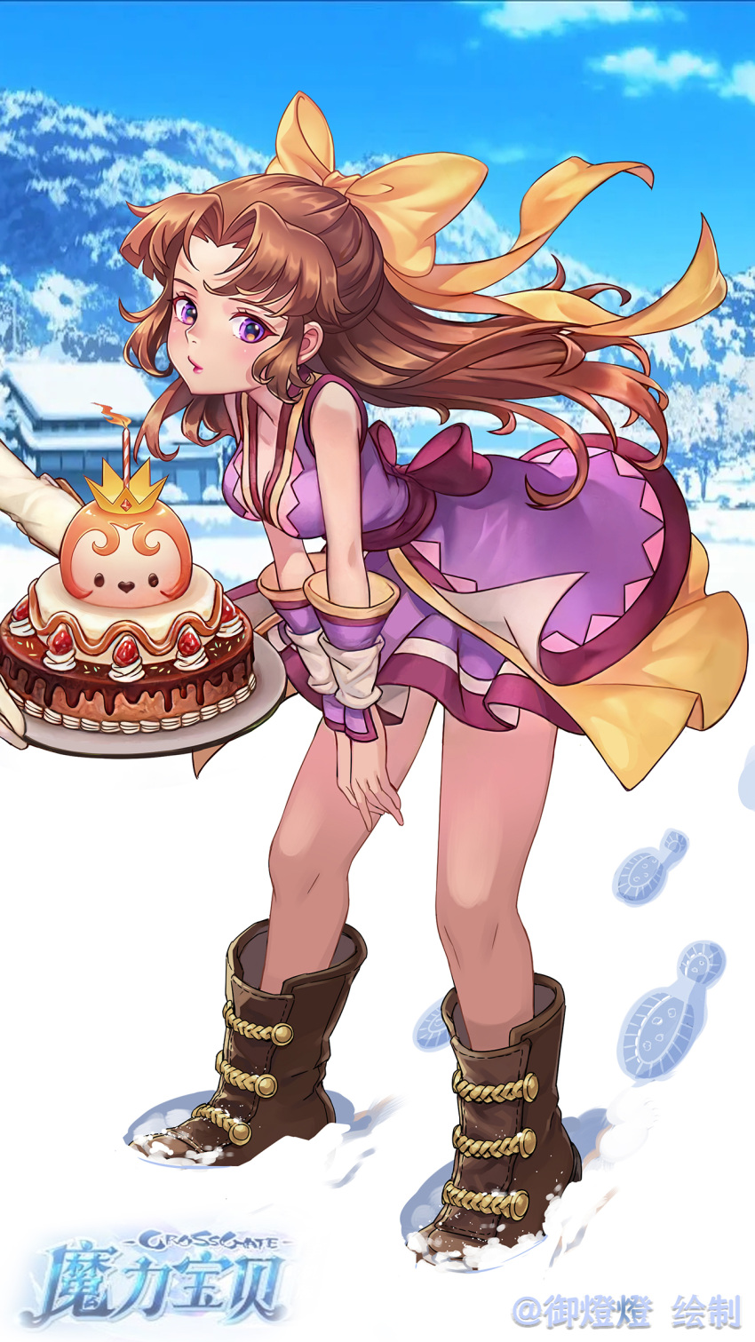 1girl ayame_(cross_gate) bare_legs blue_sky boots brown_footwear brown_hair cake chinese_text copyright_name cross_gate day dress food footprints highres long_hair looking_at_viewer miniskirt outdoors purple_dress ribbon sakura_ayame skirt sky snow violet_eyes winter