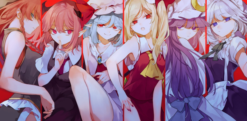 6+girls \||/ blonde_hair blue_eyes braid closed_mouth commentary_request crescent crescent_hat_ornament expressionless feet_out_of_frame flandre_scarlet hair_intakes hat hat_ornament head_wings highres hong_meiling izayoi_sakuya koakuma long_hair mob_cap multiple_girls one_side_up patchouli_knowledge pointy_ears profile purple_hair red_background red_eyes remilia_scarlet risui_(suzu_rks) side_braids sideways_glance the_embodiment_of_scarlet_devil touhou twin_braids violet_eyes white_headwear