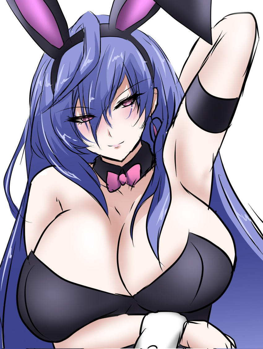 1girl animal_ears arm_under_breasts armband armpits arms_up bangs blue_hair blush bow bowtie breasts detached_collar detached_sleeves earrings eyebrows_visible_through_hair fake_animal_ears hair_between_eyes highres jewelry kami_jigen_game_neptune_v large_breasts long_hair neptune_(series) pink_eyes pink_neckwear playboy_bunny power_symbol seshiro_(which501) simple_background solo symbol-shaped_pupils upper_body white_background