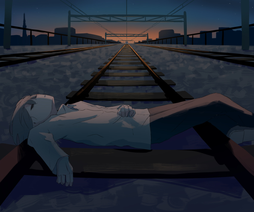 1boy absurdres avogado6 black_pants blue_sky commentary_request from_side grey_hair ground_vehicle highres imminent_death imminent_suicide long_sleeves lying male_focus night night_sky on_back original outdoors pants parted_lips railroad_tracks shirt shoes sky solo suicide sunset train white_shirt