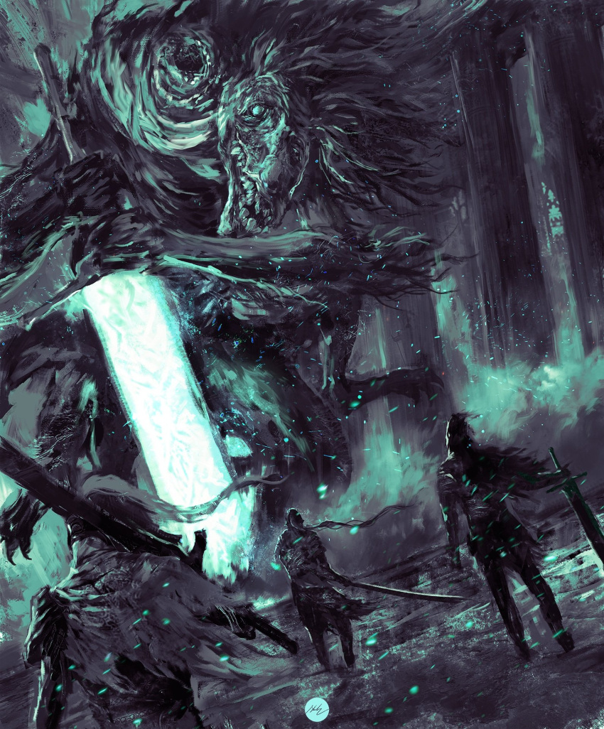 3others armor bloodborne blue_theme commentary english_commentary highres holding holding_sword holding_weapon ludwig_the_accursed monster multiple_others planted planted_sword shimhaq standing sword weapon