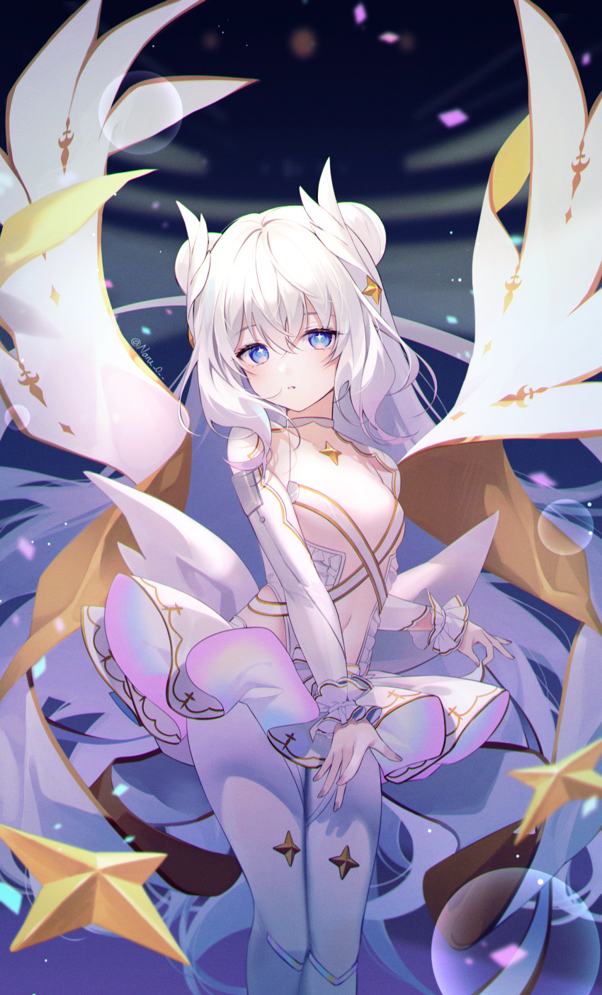 +_+ 1girl absurdres azur_lane bangs blue_eyes breasts commentary_request double_bun dress eyebrows_visible_through_hair hair_between_eyes highres huge_filesize le_malin_(azur_lane) le_malin_(muse)_(azur_lane) long_hair long_sleeves looking_at_viewer naru_0 navel parted_lips see-through sidelocks signature silver_hair small_breasts solo standing star_(symbol) stomach symbol-shaped_pupils tutu twitter_username very_long_hair white_dress white_legwear wrist_cuffs