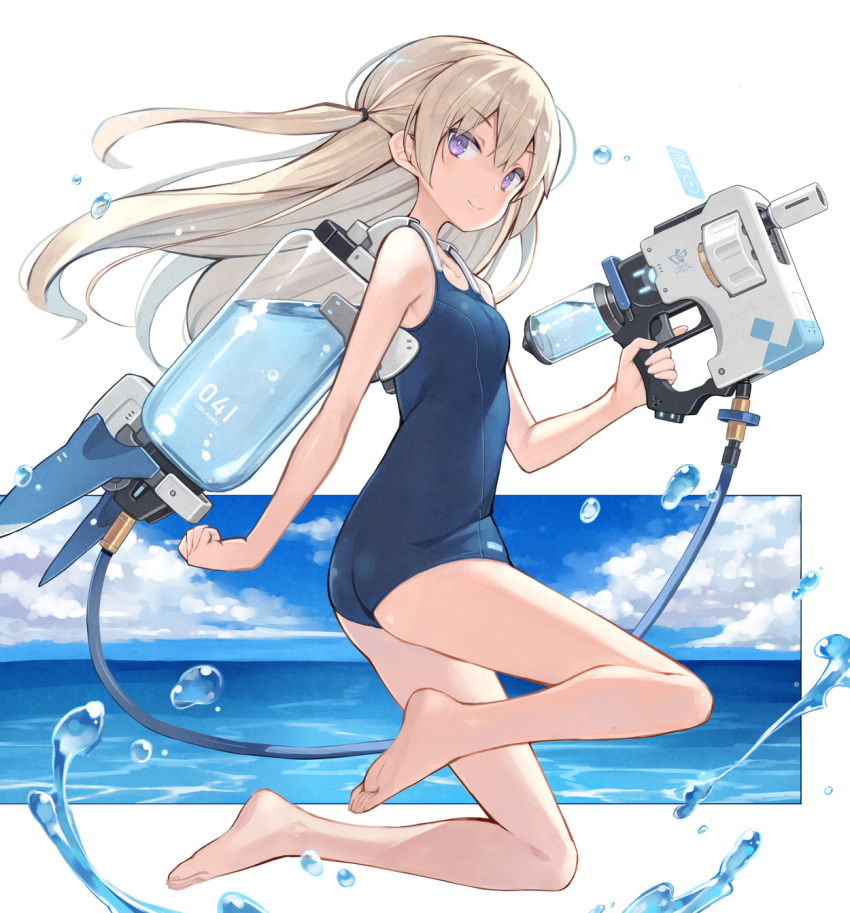 1girl bangs barefoot blonde_hair breasts eyebrows_visible_through_hair from_side highres long_hair looking_at_viewer original poco_(asahi_age) school_swimsuit small_breasts solo swimsuit violet_eyes water water_gun