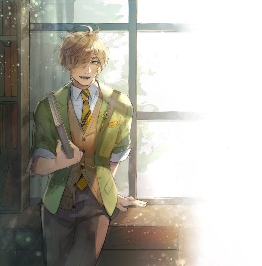 1boy bei_su_(subsundb) blazer blonde_hair book brown_pants brown_vest collared_shirt green_eyes green_jacket hair_over_one_eye highres holding holding_book jacket looking_at_viewer male_focus necktie nijisanji oliver_evans open_mouth pants shirt smile solo vest virtual_youtuber white_shirt window yellow_neckwear