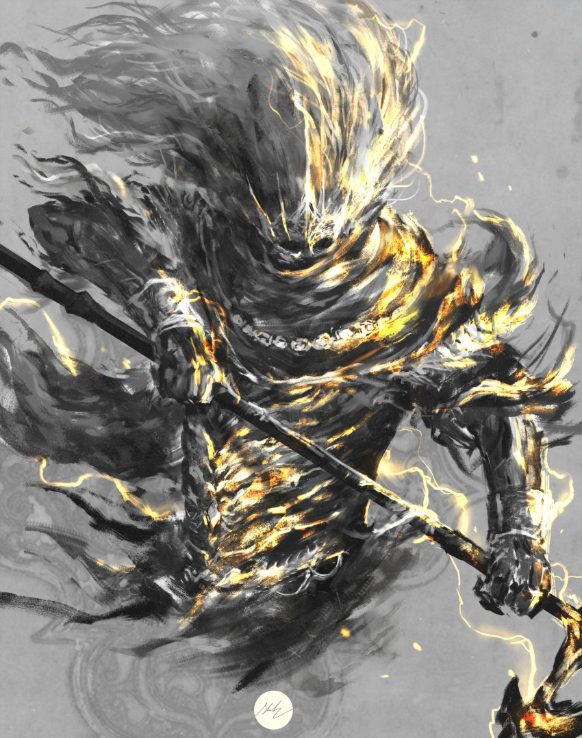 1boy armor commentary dark_souls_iii english_commentary grey_background highres holding holding_polearm holding_weapon nameless_king polearm shimhaq simple_background solo souls_(series) weapon