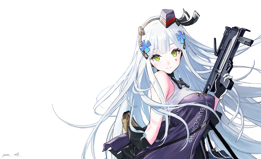 1girl assault_rifle bangs bare_shoulders blunt_bangs breasts covered_nipples cross_hair_ornament facial_mark from_side girls_frontline gloves green_eyes gun h&amp;k_hk416 h&amp;k_ump hair_ornament headband headgear hk416_(girls_frontline) long_hair looking_at_viewer medium_breasts military_jacket punc_p removing_jacket rifle silver_hair simple_background smile solo submachine_gun upper_body very_long_hair weapon white_background white_hair