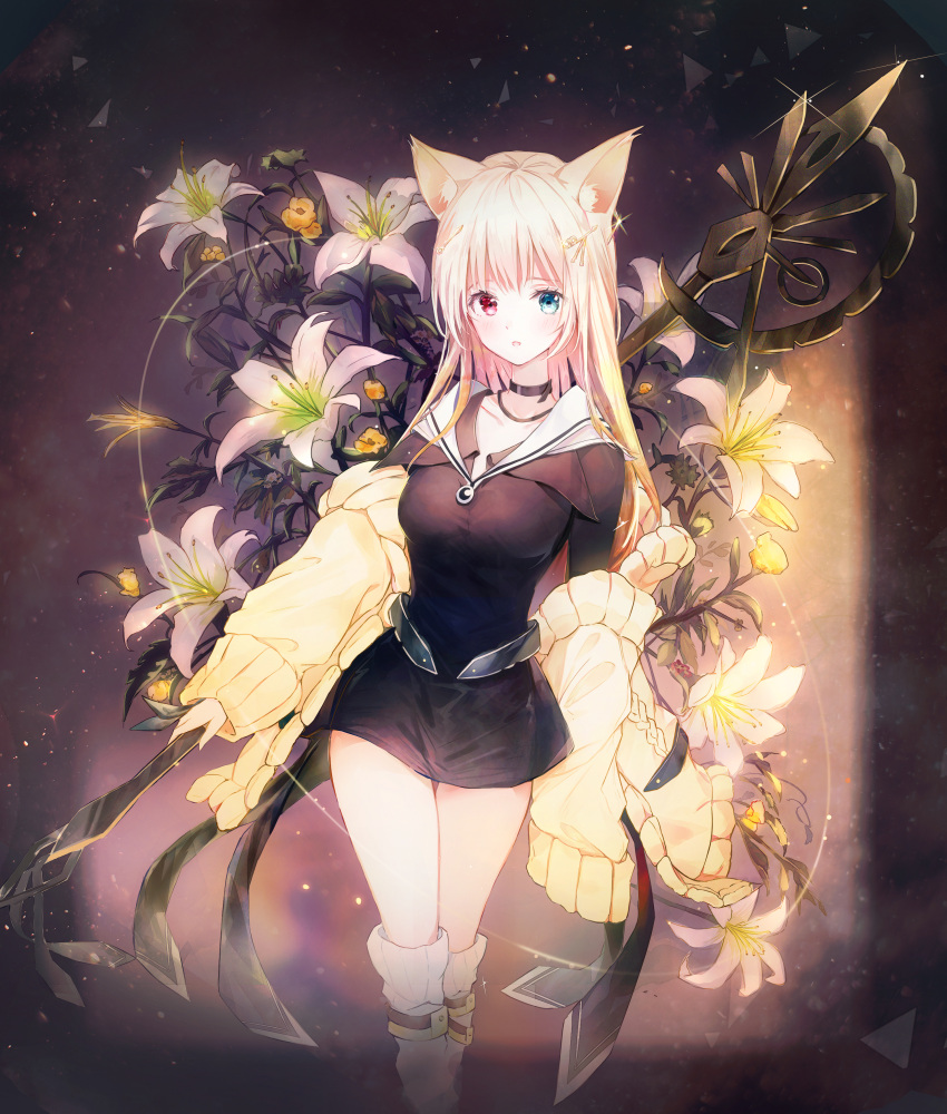 :o absurdres an64239626 animal_ear_fluff animal_ears arknights bangs bare_legs black_choker black_dress blonde_hair blue_eyes breasts cat_ears choker dress eyebrows flower hair_ornament hairclip heterochromia highres holding holding_polearm holding_spear holding_weapon huge_filesize kneehighs long_hair long_sleeves looking_at_viewer medium_breasts multicolored multicolored_background nightmare_(arknights) off_shoulder open_mouth parted_lips polearm red_eyes short_dress sidelocks socks spear standing sweater_vest weapon white_flower white_legwear yellow_flower yellow_sweater_vest