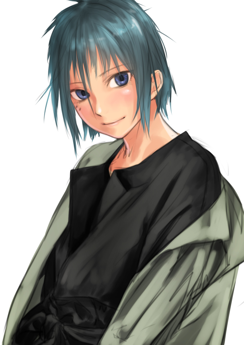 1girl black_shirt blue_hair blush closed_mouth green_jacket highres jacket kilye_kairi looking_at_viewer mole mole_under_eye open_clothes open_jacket original shirt simple_background smile solo upper_body violet_eyes white_background