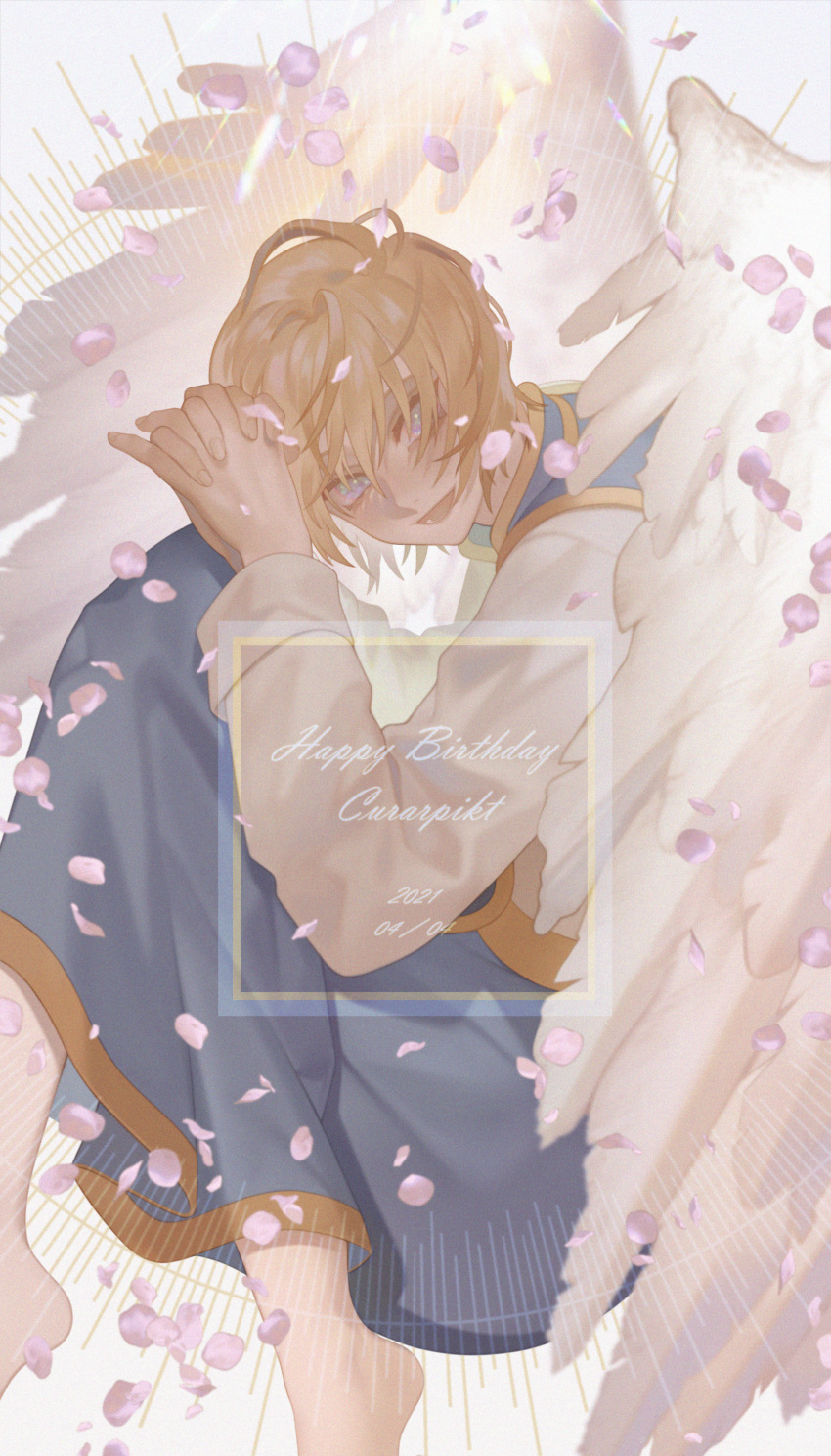 1boy :d absurdres bangs bei1997 blonde_hair blue_eyes from_side highres huge_filesize hunter_x_hunter interlocked_fingers kurapika long_sleeves looking_at_viewer male_focus messy_hair open_mouth own_hands_together petals short_hair smile solo wind