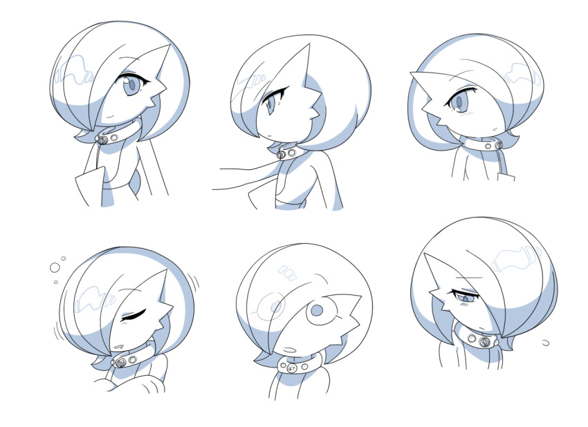 1girl arm_up bags_under_eyes bangs blush bob_cut closed_eyes closed_mouth collar commentary constricted_pupils crossed_arms drooling expressions eyebrows_visible_through_hair eyes_visible_through_hair flat_chest flying_sweatdrops from_side gardevoir gen_3_pokemon hair_over_one_eye half-closed_eyes happy light_blush looking_at_viewer looking_down looking_to_the_side lotosu mega_stone monochrome motion_lines multiple_views open_mouth outstretched_arm pokemon pokemon_(creature) profile sad shiny shiny_hair short_hair simple_background sleepy smile translated upper_body white_background wide-eyed