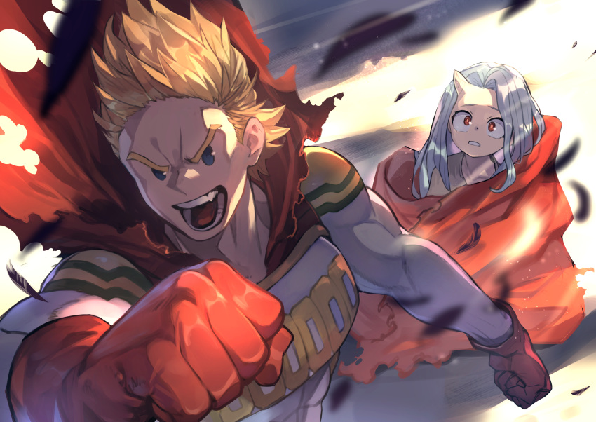 1boy 1girl absurdres blonde_hair boku_no_hero_academia cape eri_(boku_no_hero_academia) gloves highres horns long_hair muscular muscular_male open_mouth parted_lips red_cape red_eyes red_gloves short_hair silver_hair single_horn superhero togata_mirio uedrk_yamato