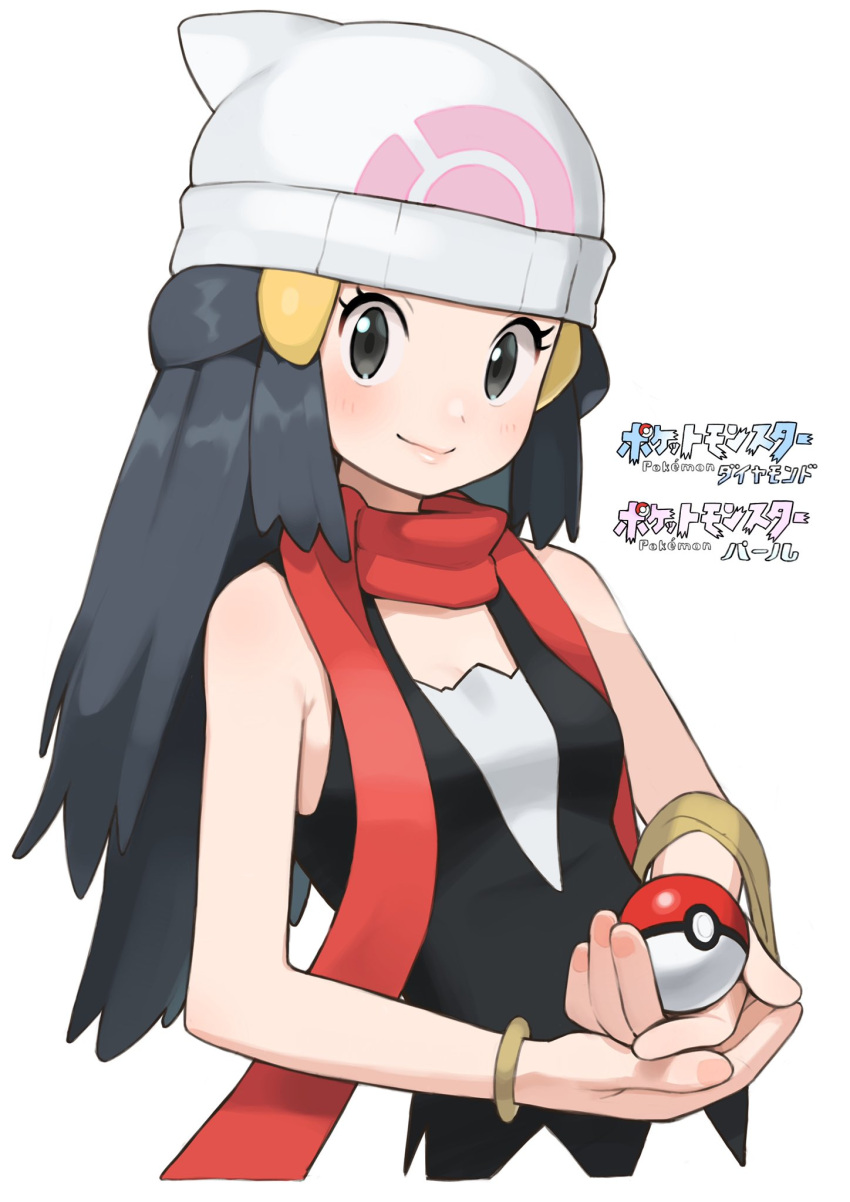 1girl beanie black_eyes black_hair blush bracelet closed_mouth copyright_name hikari_(pokemon) eyelashes hair_ornament hairclip hands_together hat highres holding holding_poke_ball jewelry long_hair looking_at_viewer omaru_gyuunyuu poke_ball poke_ball_(basic) poke_ball_print pokemon pokemon_(game) pokemon_dppt red_scarf scarf sleeveless smile solo upper_body white_headwear