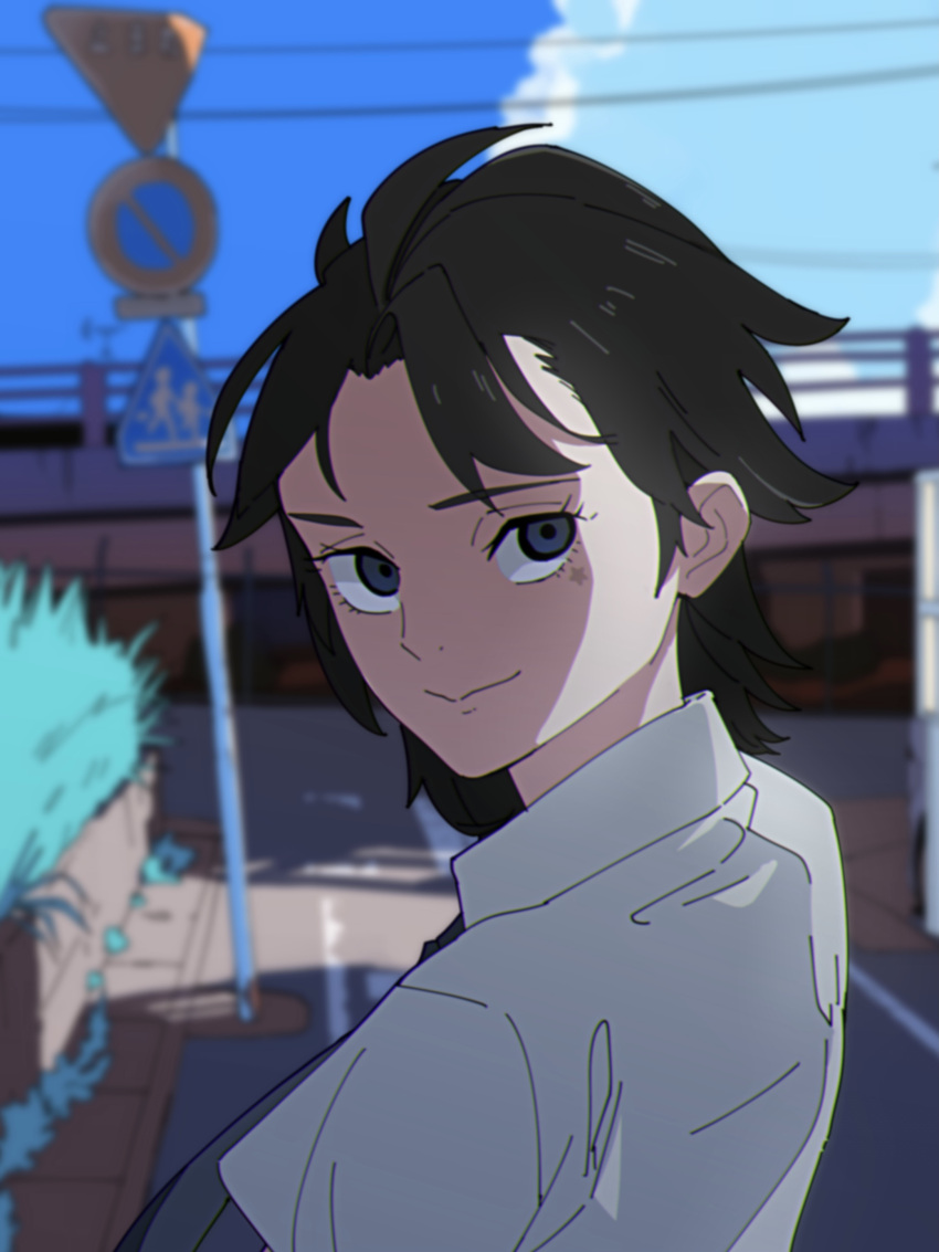 1boy absurdres black_hair blue_eyes blue_sky blurry blurry_background clouds day facial_mark highres hoshi_(sonny_boy) looking_at_viewer male_focus medium_hair outdoors power_lines road_sign school_uniform shirt sign sky smile solo sonny_boy summer taiyaka315 white_shirt