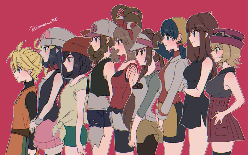 6+girls bangs baseball_cap beanie bike_shorts black_dress black_hair black_legwear black_undershirt black_vest blonde_hair blue_eyes blush bow bow_hairband brown_hair closed_mouth commentary_request cropped_jacket cropped_vest denim denim_shorts double_bun dress eyelashes eyewear_on_headwear from_side green_(pokemon) green_shorts grey_headwear grey_jacket grey_shirt grey_shorts hair_ornament hair_tie hairband hairclip hand_up hands_together hat hilda_(pokemon) jacket kris_(pokemon) legwear_under_shorts long_hair long_sleeves mokorei moon_(pokemon) multiple_girls open_mouth orange_tunic pantyhose platinum_berlitz pleated_skirt pokemon pokemon_adventures ponytail purple_headwear raglan_sleeves red_hairband red_headwear red_shirt red_skirt sapphire_birch shirt short_dress short_hair short_shorts short_sleeves shorts sidelocks skirt sleeveless sleeveless_shirt smile sunglasses thigh-highs tied_hair tied_shirt twintails twitter_username undershirt vest visor_cap white_(pokemon) whitley_(pokemon) wristband yellow_(pokemon) yvonne_gabena