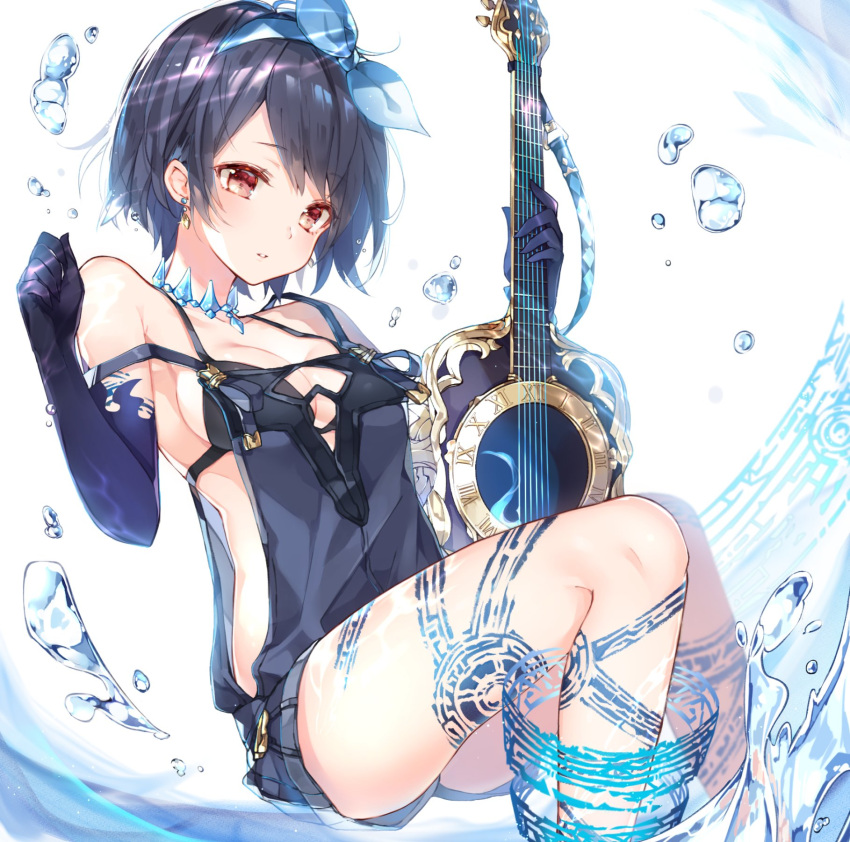 1girl alice_(sinoalice) bikini black_gloves blue_hair blush bow bubble choker earrings elbow_gloves gloves guitar hair_bow hairband highres holding holding_instrument instrument jewelry looking_at_viewer mcmcmococo overall_shorts overalls red_eyes short_hair simple_background sinoalice solo swimsuit tattoo water