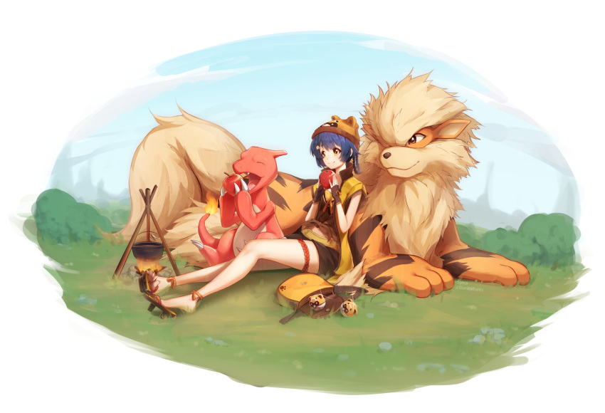 1girl alternate_costume ankle_ribbon apple arcanine bag beanie blue_hair braid brown_shorts campfire charmeleon chinese_clothes crossover eating fingerless_gloves fire food fruit full_body gen_1_pokemon genshin_impact geta gloves grass handbag hat highres holding holding_food holding_fruit looking_ahead midriff on_ground poke_ball pokemon pot ribbon short_hair shorts sitting spica_(starlitworks) thigh_strap xiangling_(genshin_impact) yellow_bag yellow_eyes