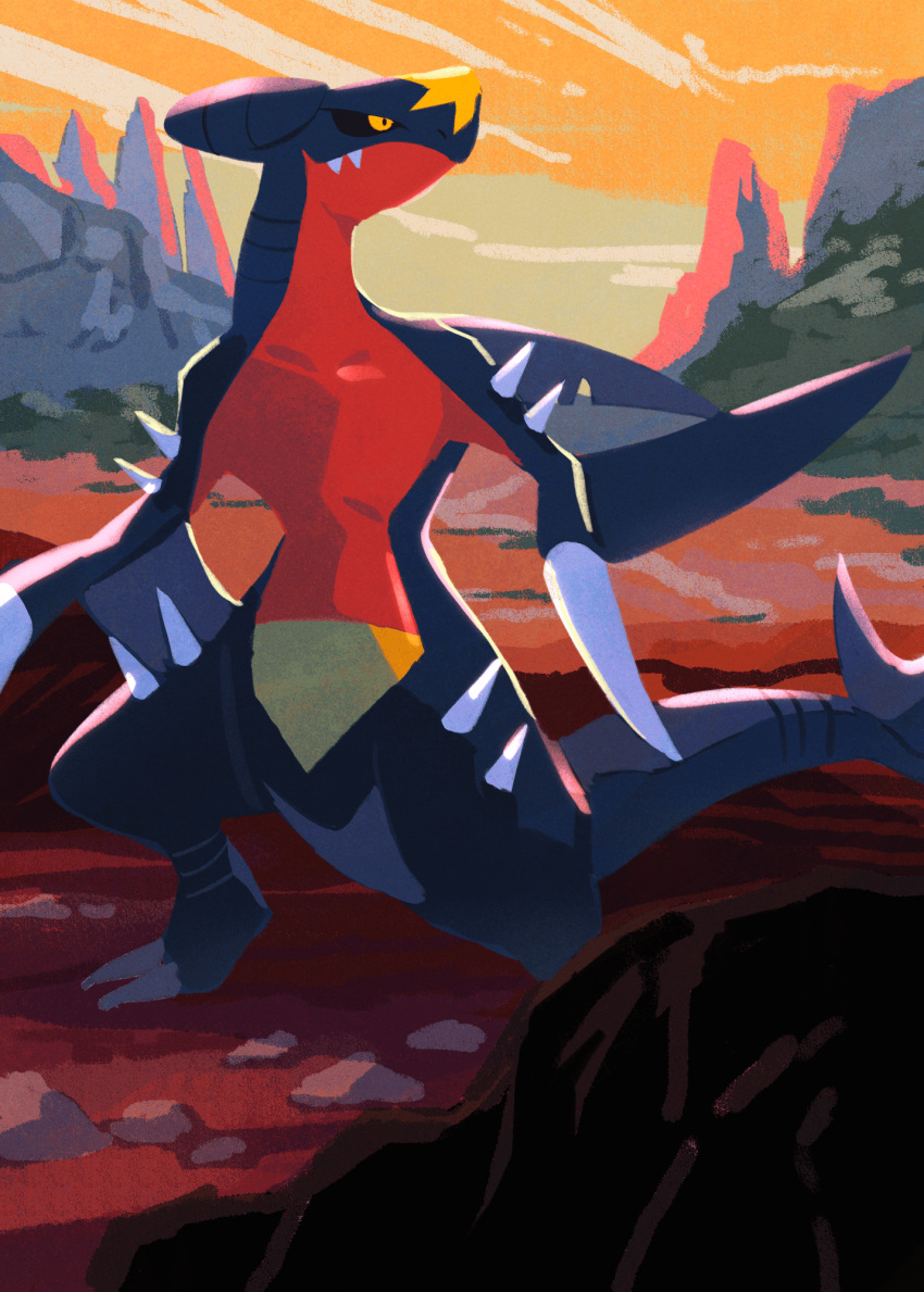 black_sclera claws colored_sclera fangs fangs_out garchomp gen_4_pokemon highres looking_back mo~zu no_humans orange_sky outdoors pokemon pokemon_(creature) sky solo spikes standing twilight yellow_eyes
