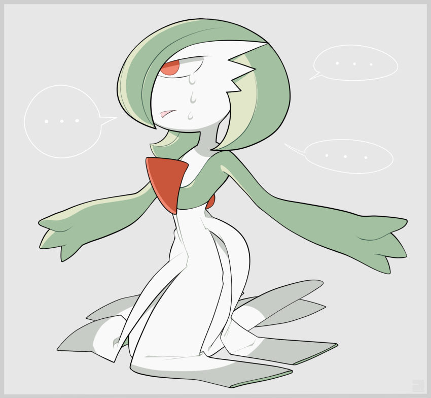 ... 1girl arms_up bangs bob_cut border colored_skin commentary crying empty_eyes flat_chest full_body gardevoir gen_3_pokemon green_hair green_skin grey_background grey_border hair_over_one_eye half-closed_eyes highres kneeling lotosu multicolored multicolored_skin open_mouth outstretched_arms pokemon pokemon_(creature) red_eyes sad short_hair simple_background solo speech_bubble spoken_ellipsis spread_arms tears two-tone_skin white_skin