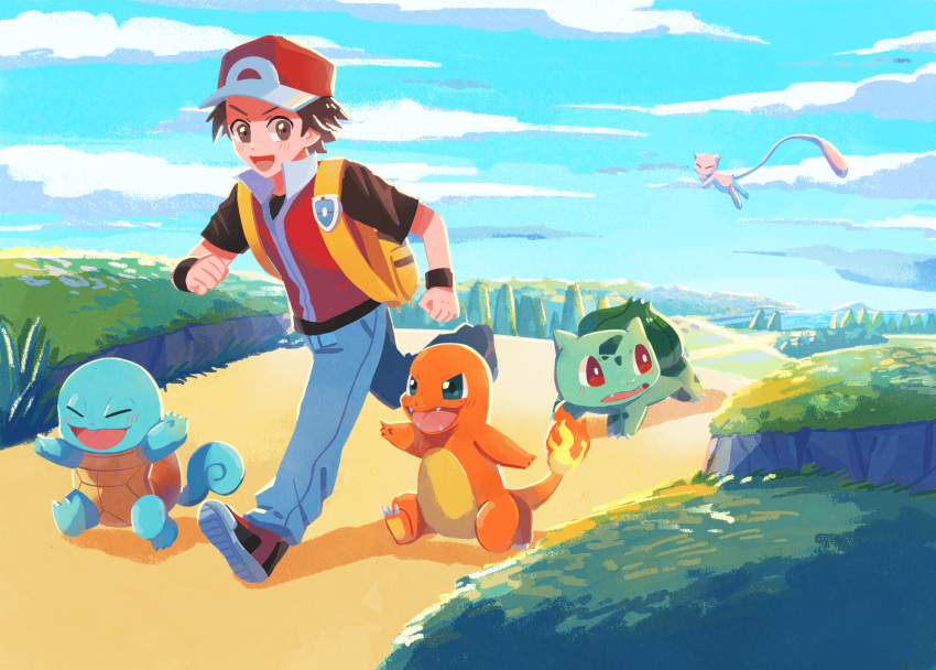 1boy :d backpack bag baseball_cap blue_pants blush brown_eyes brown_hair bulbasaur charmander clenched_hands clouds commentary_request day gen_1_pokemon grass hat highres jacket male_focus mew mo~zu mythical_pokemon open_mouth outdoors pants pokemon pokemon_(creature) pokemon_(game) pokemon_frlg popped_collar red_(pokemon) red_headwear running shoes short_hair short_sleeves sky smile squirtle starter_pokemon_trio tongue vs_seeker wristband yellow_bag