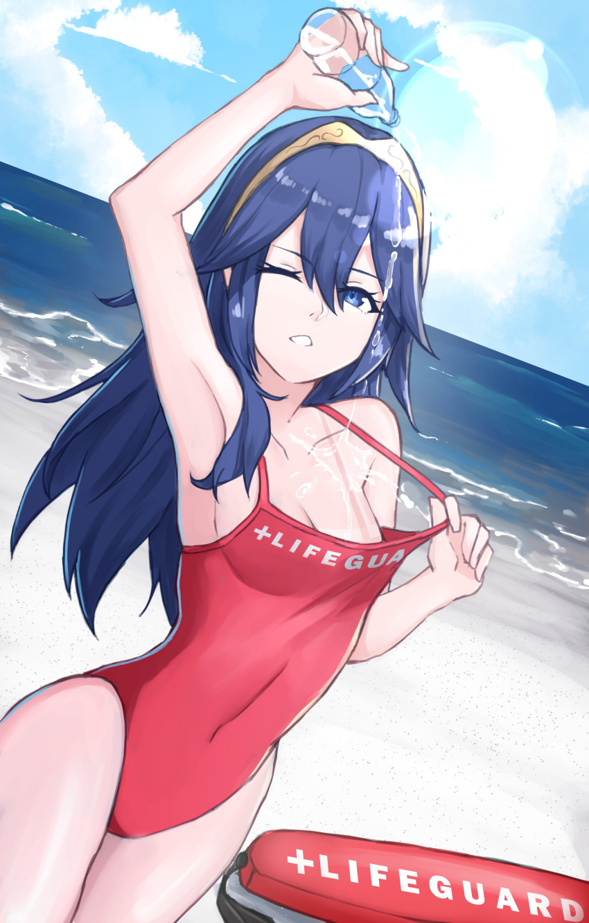 1girl absurdres beach blue_eyes blue_hair blush breasts day fire_emblem fire_emblem_awakening grimmelsdathird hair_between_eyes highres lifeguard long_hair looking_at_viewer lucina_(fire_emblem) one-piece_swimsuit one_eye_closed simple_background sky small_breasts solo swimsuit tan tanlines tiara wet