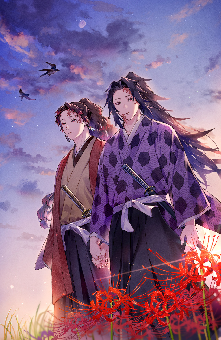 2boys absurdres bird black_hair black_hakama brothers brown_kimono closed_mouth dutch_angle facial_mark flower hair_intakes hakama haori high_ponytail highres holding_hands huge_filesize japanese_clothes katana kimetsu_no_yaiba kimono long_hair long_sleeves looking_at_viewer male_focus moon multicolored_hair multiple_boys outdoors oyumai purple_hair red_eyes red_flower redhead sheath sheathed siblings sword tsugikuni_michikatsu tsugikuni_yoriichi twins two-tone_hair very_long_hair weapon