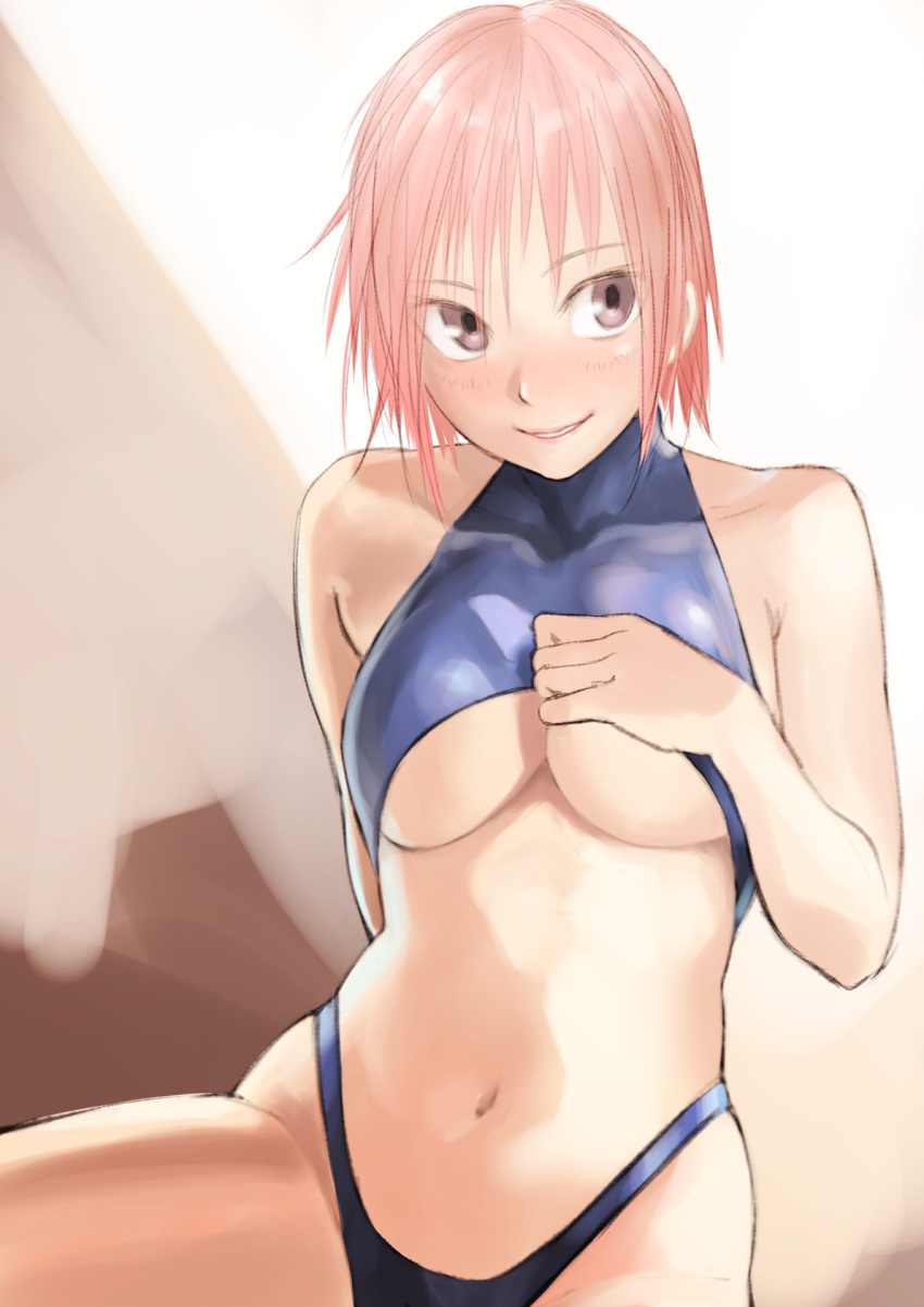 1girl bare_arms bare_shoulders bikini blue_bikini blush breasts grey_eyes hand_up highres kilye_kairi large_breasts looking_at_viewer medium_hair navel original pink_hair sling_bikini_top slingshot_swimsuit smile solo swimsuit under_boob