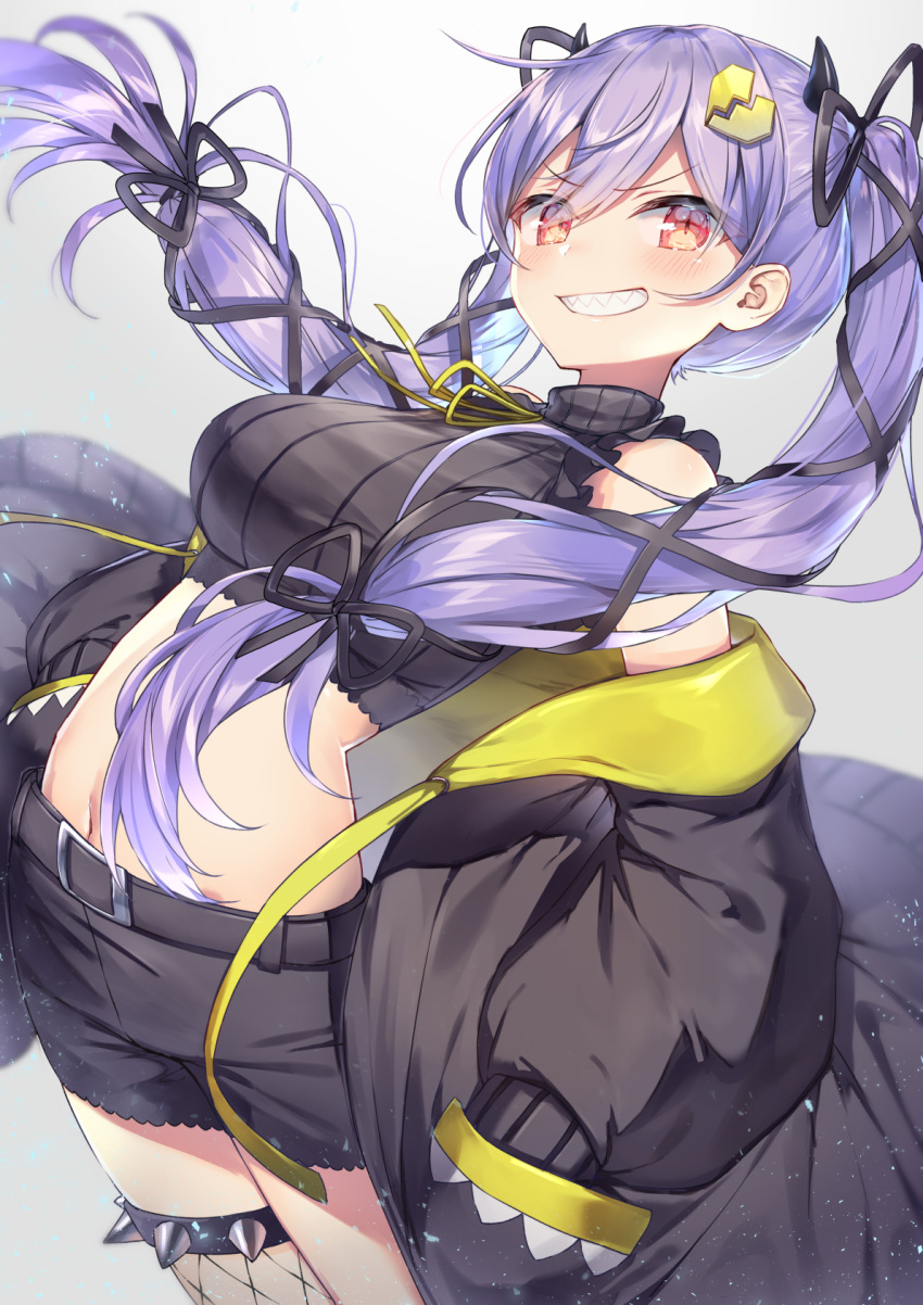 1girl bare_shoulders belt black_jacket black_shirt black_shorts breasts cowboy_shot crop_top fishnet_legwear fishnets floating_hair frilled_shirt frills grin hair_ornament hair_ribbon highres indie_virtual_youtuber jacket large_breasts long_hair long_sleeves looking_at_viewer midriff nakano_(vtuber) navel off_shoulder open_clothes open_jacket puffy_sleeves purple_hair red_eyes ribbed_shirt ribbon sharp_teeth shirt short_shorts shorts single_thighhigh sleeveless sleeveless_shirt slit_pupils smile solo stomach teeth thigh-highs topia twintails v-shaped_eyebrows virtual_youtuber