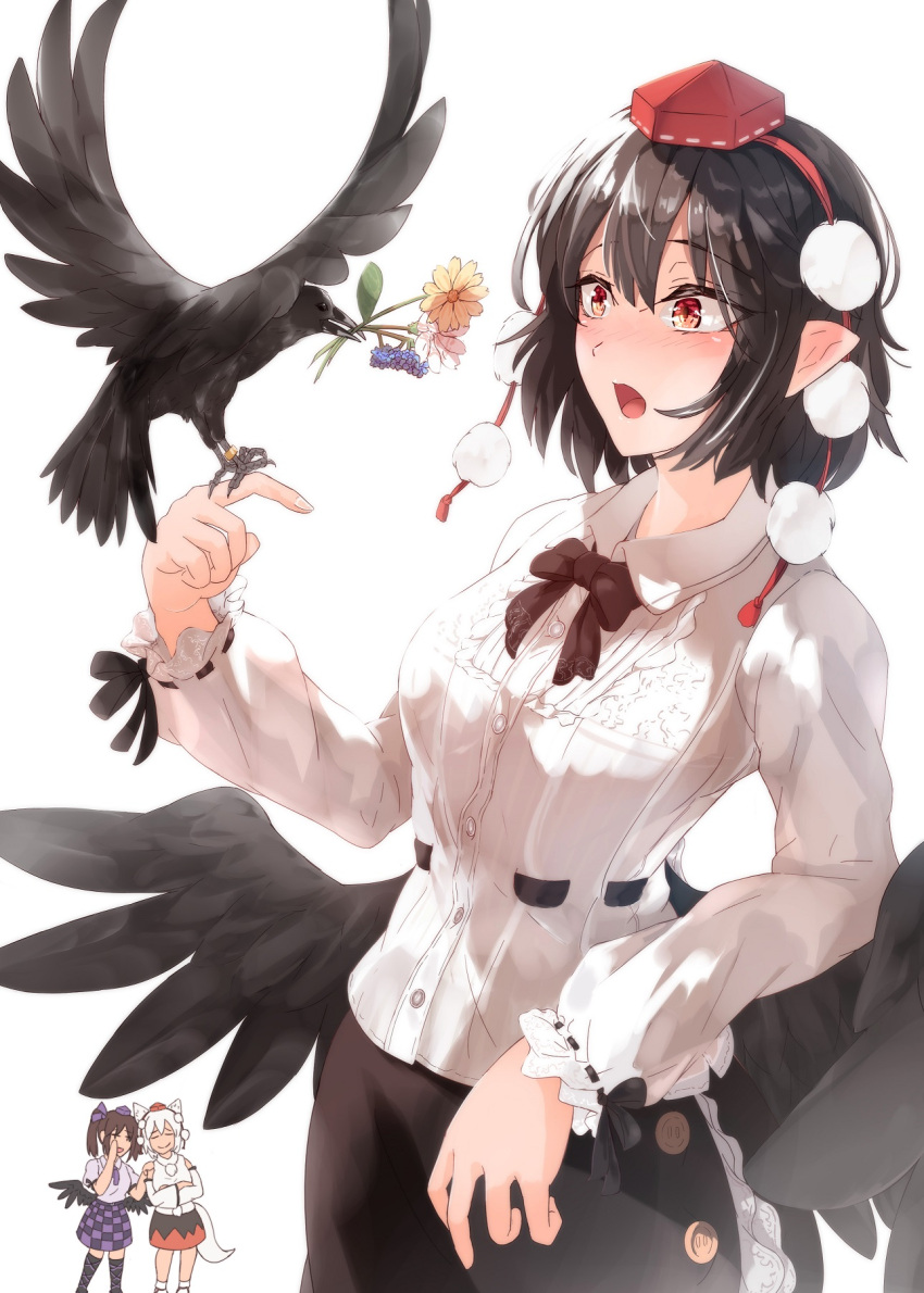 3girls animal_ears bangs bird bird_on_hand bird_wings black_bow black_hair black_neckwear black_skirt black_wings blue_flower bow bowtie checkered checkered_skirt closed_eyes closed_mouth crossed_arms crow detached_sleeves eyebrows_visible_through_hair flower hair_ribbon hat highres himekaidou_hatate inubashiri_momiji kagami_toufu long_sleeves multicolored multicolored_clothes multicolored_skirt multiple_girls open_mouth pointy_ears pom_pom_(clothes) purple_headwear purple_ribbon purple_shirt purple_skirt red_eyes red_headwear ribbon shameimaru_aya shirt short_hair short_sleeves simple_background skirt smile standing surprised tail tokin_hat touhou twintails two-tone_skirt white_background white_shirt wings wolf_ears wolf_tail yellow_flower