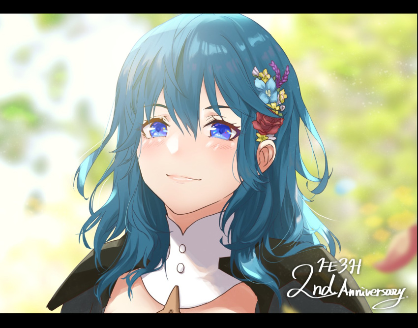 1girl anniversary armor asao_(vc) bangs black_armor blue_eyes blue_flower blue_hair blush byleth_(fire_emblem) byleth_eisner_(female) closed_mouth commentary_request detached_collar english_text engrish_text eyebrows_visible_through_hair fire_emblem fire_emblem:_three_houses flower hair_between_eyes hair_flower hair_ornament lips long_hair looking_at_viewer outdoors petals ranguage red_flower red_rose rose shoulder_armor smile solo upper_body yellow_flower