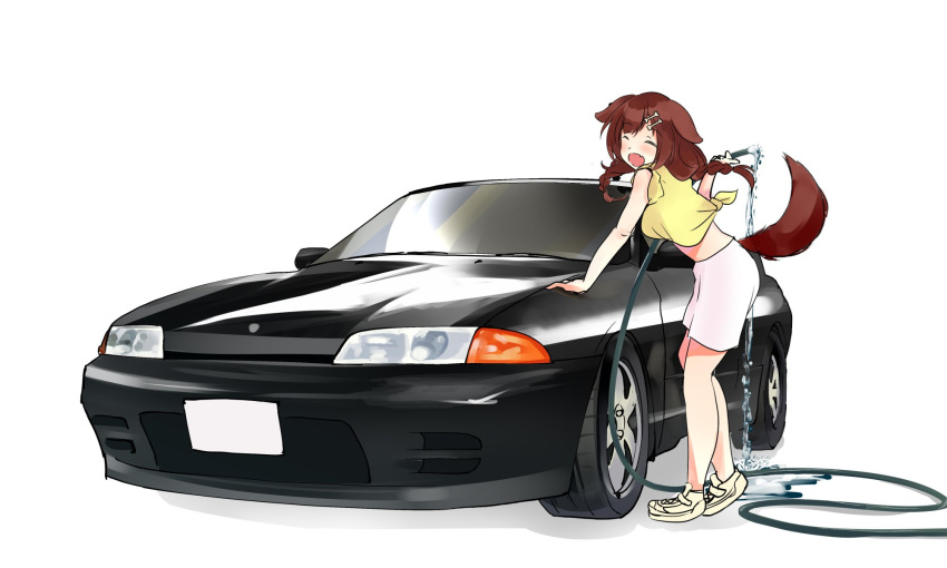 1girl ^_^ animal_ears bangs bone_hair_ornament brown_hair car closed_eyes dog_ears dog_tail eyebrows_visible_through_hair fang ground_vehicle hair_ornament highres holding_hose hololive inugami_korone motor_vehicle nissan_skyline open_mouth shioame_(seacandy00) shirt skin_fang smile solo tail vehicle_focus virtual_youtuber water white_background whtie_shirt yellow_shirt