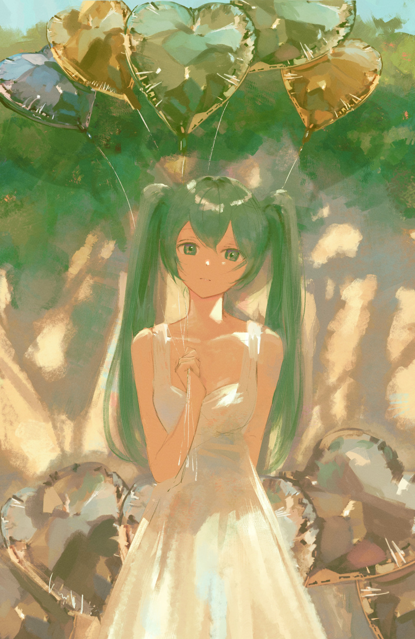 1girl 7ife absurdres arm_behind_back balloon bangs bare_arms collarbone commentary cowboy_shot day dress english_commentary green_eyes green_hair hand_up hatsune_miku heart_balloon highres holding holding_balloon huge_filesize long_hair looking_at_viewer outdoors parted_lips sleeveless sleeveless_dress solo sunlight twintails vocaloid white_dress