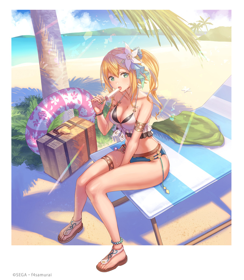 1girl anbe_yoshirou beach beach_chair bikini blonde_hair commentary_request flower food full_body green_eyes hair_flower hair_ornament highres hortensia_saga innertube looking_at_viewer mismatched_bikini official_art palm_tree ponytail popsicle sand sandals shadow sitting starfish sunlight sweat swimsuit tree