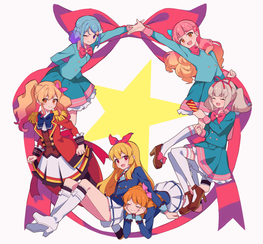 6+girls absurdres aikatsu!_(series) aikatsu_on_parade! arm_up bangs blonde_hair blue_bow blue_dress blue_hair blue_jacket blue_skirt boots bow bow_hairband bowtie brown_footwear closed_eyes closed_mouth commentary dress eyebrows_visible_through_hair gradient_hair grey_hair hair_bow hairband half_updo hands_on_own_chin high_heels highres hoshimiya_ichigo jacket kiseki_raki knee_boots long_hair long_sleeves looking_at_viewer minato_mio multicolored_hair multiple_girls neck_ribbon nijino_yume one_eye_closed oozora_akari open_mouth orange_eyes orange_hair petticoat pink_bow pink_hair pink_neckwear pleated_skirt red_bow red_eyes red_hairband red_jacket red_neckwear red_ribbon ribbon school_uniform simple_background skirt smile star_(symbol) thigh-highs twintails uhouhogorigori violet_eyes white_background white_footwear white_legwear white_skirt yuuki_aine