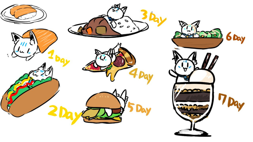 :3 animal_ear_fluff animal_ears burger commentary_request curry curry_rice earrings food fox_ears hololive hot_dog ice ice_cream jewelry mascot no_humans pizza plate rice salad salmon shirakami_fubuki_(artist) simple_background sitting_on_food sketch sukonbu_(shirakami_fubuki) sundae sushi virtual_youtuber white_background