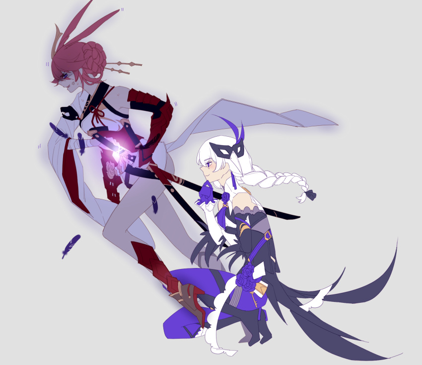 2girls anger_vein animal_ears armor asymmetrical_footwear asymmetrical_sleeves bangs bare_shoulders blaise_(akigayakozato) blue_eyes boots braid braided_ponytail closed_mouth fighting_stance flower fox_ears full_body gloves glowing glowing_sword glowing_weapon grey_background hair_between_eyes hair_ornament hand_on_own_chin highres holding holding_sword holding_weapon honkai_(series) honkai_impact_3rd japanese_armor kallen_kaslana kallen_kaslana_(sixth_serenade) katana long_hair long_sleeves looking_at_another looking_to_the_side mask multiple_girls open_mouth pants pink_hair pink_pants purple_flower purple_footwear purple_gloves purple_rose red_footwear rose sheath sheathed simple_background smile squatting standing sword uneven_footwear uneven_sleeves v-shaped_eyebrows violet_eyes weapon white_hair yae_sakura yae_sakura_(flame_sakitama)