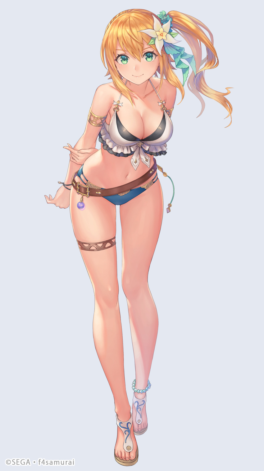 1girl anbe_yoshirou armband arms_behind_back bangs belt bikini blonde_hair bracelet breasts collarbone commentary_request company_name flower full_body green_eyes hair_flower hair_ornament hair_ribbon highres hortensia_saga jewelry large_breasts long_hair looking_at_viewer mismatched_bikini navel official_art ponytail ribbon sandals sitting swimsuit thigh_strap white_flower